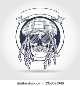 Sketch, skull with dreadlocks, rastaman hat, cigarette, mustaches, and round sunglasses