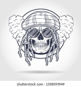 Sketch, skull with dreadlocks, rastaman hat, smoke and sunglasses