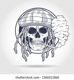 Sketch, skull with dreadlocks, rastaman hat, cigarette and smoke