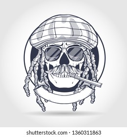 Sketch, skull with dreadlocks, rastaman hat, cigarette, mustaches and sunglasses