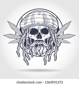 Sketch, skull with dreadlocks, rastaman hat, beard and mustaches and hemp leaf