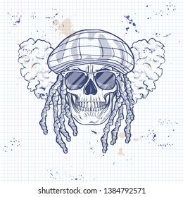 Sketch, skull with dreadlocks, rastaman hat, smoke and sunglasses on a notebook page
