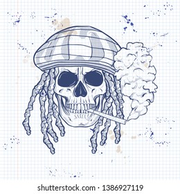 Sketch, skull with dreadlocks, rastaman hat, cigarette and smoke on a notebook page