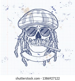 Sketch, skull with dreadlocks, rastaman hat, cigarette, mustaches and sunglasses on a notebook page