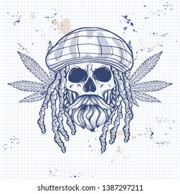 Sketch, skull with dreadlocks, rastaman hat, beard and mustaches and hemp leaf on a notebook page
