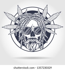 Sketch, skull with dreadlocks, round sunglasses, hemp leaf and beard and mustaches