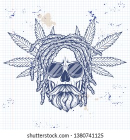 Sketch, skull with dreadlocks, round sunglasses, hemp leaf and beard and mustaches on a notebook page