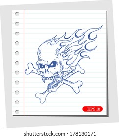 Sketch Skull with flame on note paper
