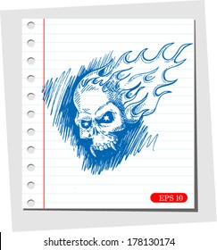 Sketch Skull with flame on note paper