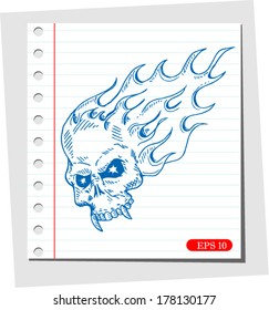 Sketch Skull with flame on note paper