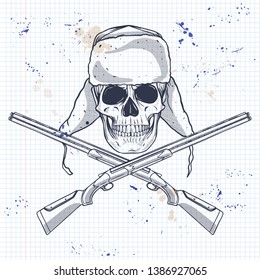 Sketch, skull with hat with ear flaps, rifles on a notebook page