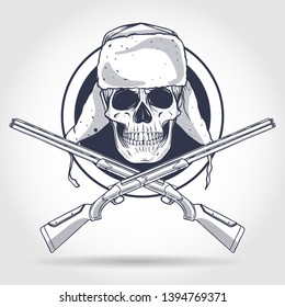 Sketch, skull with hat with ear flaps, rifles