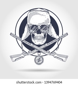 Sketch, skull with hat with ear flaps, rifles, compass and glasses