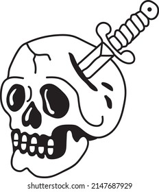 Sketch Of A Skull Head Stuck With A Knife