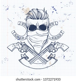 Sketch, skull with horseshoe, revolver, headscarf face mask on a notebook page