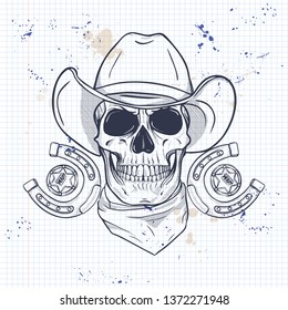 Sketch, skull with horseshoe, sheriff_s badge, cowboy hat, neck scarf on a notebook page