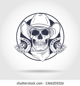 Sketch, skull with horseshoe, sheriffs badge, cowboy hat, neck scarf