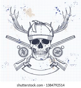 Sketch, skull with hunter hat, rifles, compass and antler on a notebook page