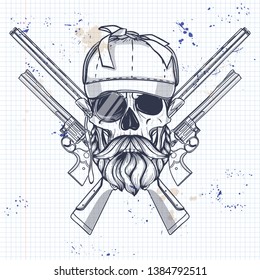 Sketch, skull with mustaches, hunter hat, guns and ribbon for text on a notebook page