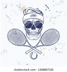 Sketch, Skull With Tennis Racquet, Tennis Ball, Sweat Band And Sunglasses On A Notebook Page