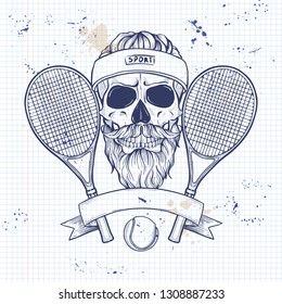 Sketch, Skull With Tennis Racquet, Tennis Ball, Sweat Band And Mustachesand Beard On A Notebook Page