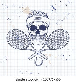 Sketch, Skull With Tennis Racquet, Tennis Ball, Sweat Band And Mustaches On A Notebook Page