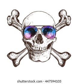 Sketch Skull With Two Cross Bones And Sunglasses. Hand Drawn Vintage Illustration