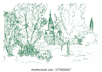 Sketch of skyline Manhattan seen from East River Park in Brooklyn