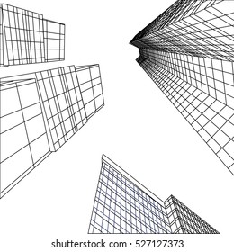 Sketch of a skyscrapers of city, perspective from under the bottom, silhouette buildings, vector illustration. Business district
