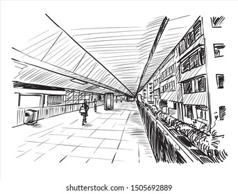 Sketch of skywalk in Hong Kong, show walkway along building, hand draw