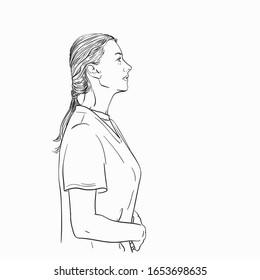 Sketch of slavic woman in profile standing with hands touching her belly, Vector hand drawn illustration 