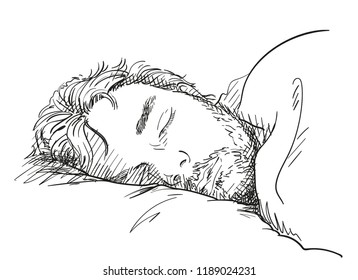 Sketch of sleeping handsome bearded man, Hand drawn vector illustration with cross hatching