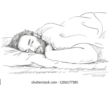 Sketch of sleeping handsome bearded man, Hand drawn vector illustration with cross hatching