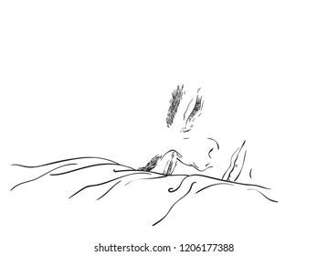 Sketch of sleeping handsome man face, Hand drawn vector linear illustration
