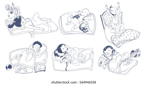 Sketch sleeping kids set with toys pets girls and boys lying in beds isolated vector illustration