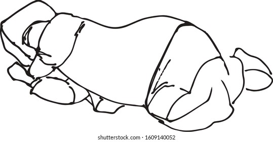 Sketch. Sleeping woman. Girl sleeps on a bench in clothes. Airport, waiting for the plane. Traveler. Isolated vector illustration Black on white.