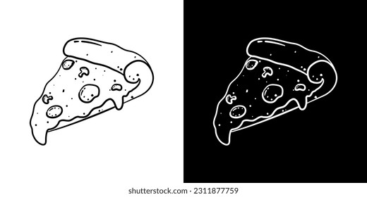 Sketch of slice pizza in doodle art with black and white background