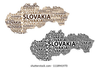Sketch Slovakia letter text map, Slovak Republic - in the shape of the continent, Map Slovakia- black and brown vector illustration