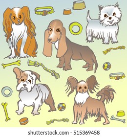 sketch of small dogs of different breeds - Cavalier King Charles spaniel,
West Highland Terrier, Bulldog, Basset Hound, vector doodle cartoon
West Heinlein terrier,
