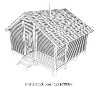 Sketch of small house. Vector rendering of 3d. Wire-frame style. The layers of visible and invisible lines are separated