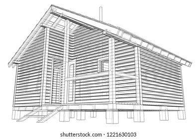 Sketch of small house. Vector rendering of 3d. Wire-frame style. The layers of visible and invisible lines are separated