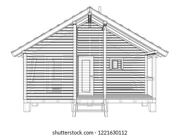 Sketch of small house. Vector rendering of 3d. Wire-frame style. The layers of visible and invisible lines are separated