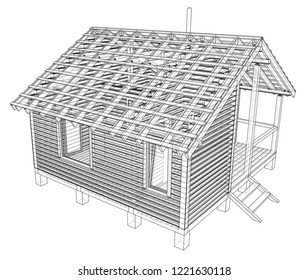 Sketch of small house. Vector rendering of 3d. Wire-frame style. The layers of visible and invisible lines are separated