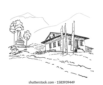 Sketch of small monastery with praying flags and small stupa surrounded by trees on background of mountains, Hand drawn vector linear illustration. Nepal Himalayas