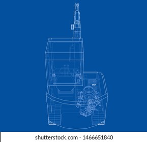 Sketch of Small Treactor with Actor. Vector rendering of 3d. Wire-frame style. The layers of visible and invisible lines are separated