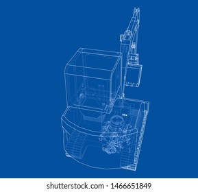 Sketch of Small Treactor with Actor. Vector rendering of 3d. Wire-frame style. The layers of visible and invisible lines are separated