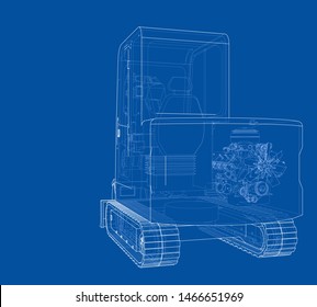 Sketch of Small Treactor with Actor. Vector rendering of 3d. Wire-frame style. The layers of visible and invisible lines are separated