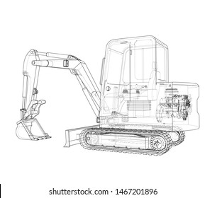 Sketch of Small Treactor with Actor. Vector rendering of 3d. Wire-frame style. The layers of visible and invisible lines are separated