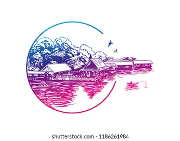 Sketch of small village on water in circle frame with fishing boat outside, Hand drawn vector illustration in bright gradient