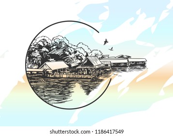 Sketch of small village on water in circle frame, Hand drawn vector illustration on watercolor background